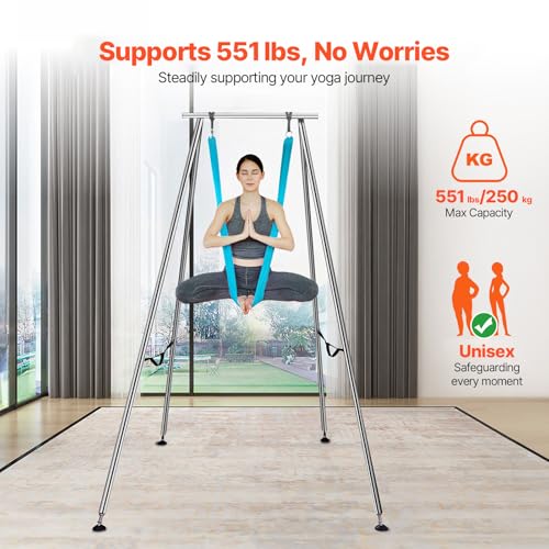 VEVOR Aerial Yoga Frame & Hammock, 551.15 lbs Load Capacity, 9.68 ft Height Professional Training Swing Stand Comes with 13.1 Yards Aerial Hammock, Yoga Rig for Indoor Outdoor, Purple,Blue - color: Blue, size: 8.30 x 6.3 x 9.68 ft