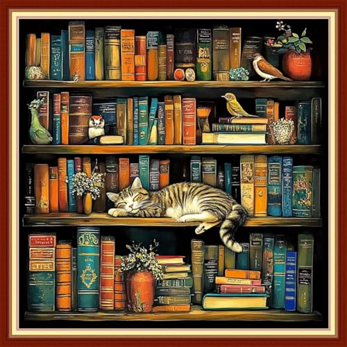 Fanxvivy Stamped Cross Stitch Kits for Beginners Full Range of Cross Stitching Preprinted Embroidery Kits for Adults, 11CT Embroidery Pattern Needlepoint Kits-Cat Sleeping in Bookshelf 18x18 inch - color: Artdesign39