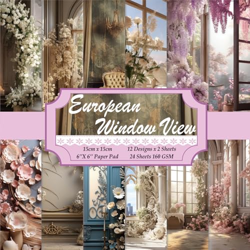6x6" Scrapbooking Paper Pad Single Sided Decorative Colored Papers | 160GSM 12 Patterned 24 Sheets Cardstock,Art Paper for Craft Paper Present Wrapping DIY Junk Journal Supplies.Window View - color: 160GSM-Window View