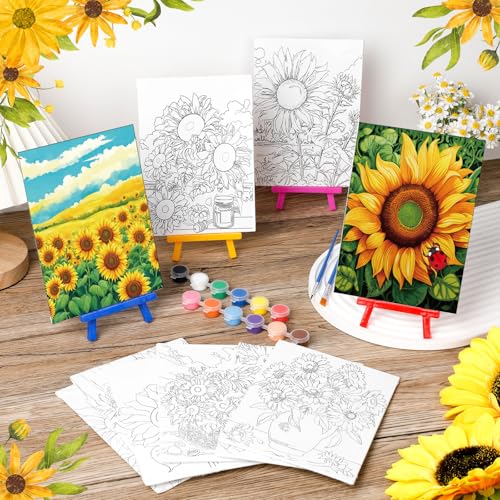 Blosssound 10 Set Pre Printed Canvas Pre Drawn Canvas Painting with Easel Kits 5" x 7" Outline Painting Panels for Beginners, DIY Craft Project, Home Decors(Sunflower) - style: Sunflower