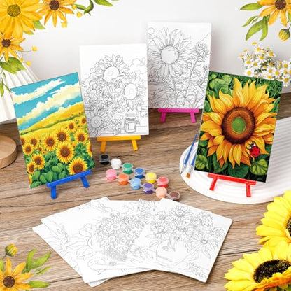 Blosssound 10 Set Pre Printed Canvas Pre Drawn Canvas Painting with Easel Kits 5" x 7" Outline Painting Panels for Beginners, DIY Craft Project, Home Decors(Sunflower) - style: Sunflower