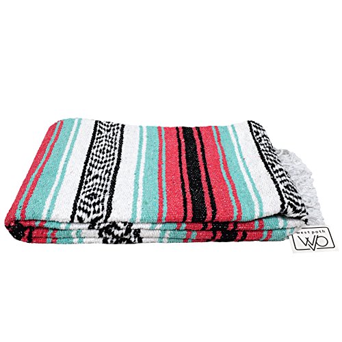 Open Road Goods Multi Color Mexican Falsa Blanket - Handwoven in Mexico - Great for The Beach, Picnics, Yoga, or a Throw! (Coral/Mint) - color: Coral/Mint