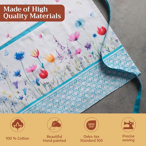 Maison d' Hermine Aprons for women with Pocket 100% Cotton (27.50"x31.50") | Adjustable Neck Strap & long ties Apron Men Chef Wedding Cooking Gardening Server Maid - color: 068 - Flower in the Field