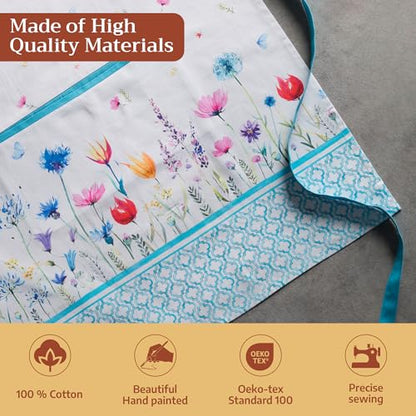 Maison d' Hermine Aprons for women with Pocket 100% Cotton (27.50"x31.50") | Adjustable Neck Strap & long ties Apron Men Chef Wedding Cooking Gardening Server Maid - color: 068 - Flower in the Field