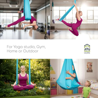 AyuHome Aerial Silks Yoga Swing Aerial Hammock Kit for Home | Premium aerial silks yoga swing kit with rigging hardware for aerial yoga, gymnastics, and home fitness - color: Aerial silk - Blue New