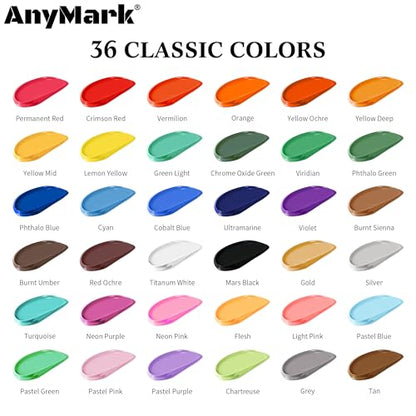 AnyMark Acrylic Paint, 36 Classic Colors Acrylic Paint Set with 12 Brushes | Art Kit Painting Supplies for Adults Canvas, Rock, Wood and Fabric, 2 fl oz/60ml Bottles - color: Classic
