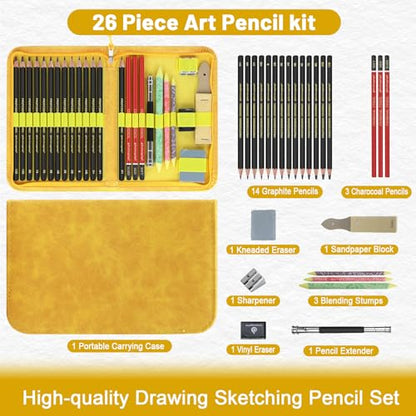 Heshengping Sketching and Drawing Pencils Set 26pcs, Art Supplies Drawing pencil Kit,Graphite Charcoal Professional Pencils Set, Adults Beginners Artist - style: 26 Pack Sketching Pencils Yellow