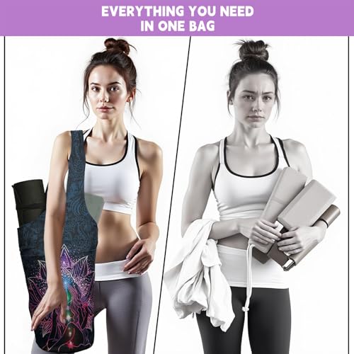 Yoga Mat Bag Carrier for Women with Side Large Pocket Durable Linen Workout Gym Travel Storage Pilates Mats - color: Purple Mandala Chakra