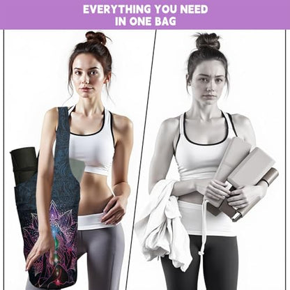 Yoga Mat Bag Carrier for Women with Side Large Pocket Durable Linen Workout Gym Travel Storage Pilates Mats - color: Purple Mandala Chakra