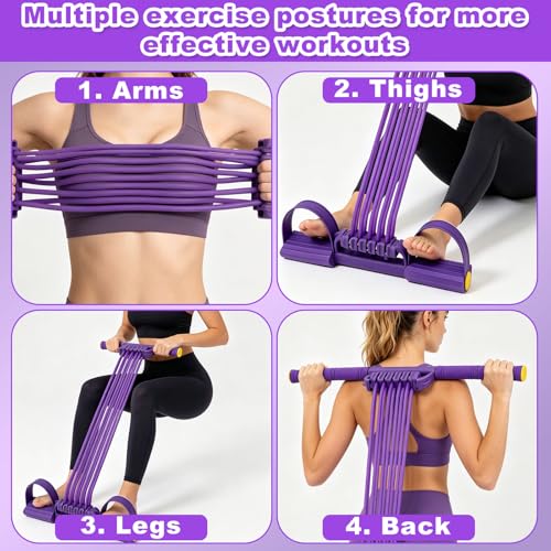 2026 Upgrade Detachable Pedal Resistance Band with Handle, 10 Tube Sit Up Pull Rope 3-in-1 Versatile Exercise Bands for Foot Pedal Pull, Chest Expand & Back Stretch (Purple)