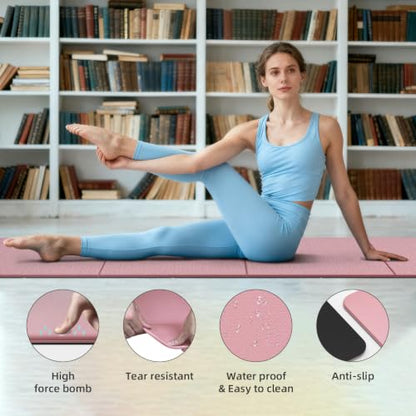 Foldable TPE Yoga Mat Thick 10mm,75" x40"Extra Large Exercise Mats | Stretch Mat Non-slip Fitness Folding Mat Easy to Carry,Wide Gym Mats for Women Men Suitable for Home Workout Travel Pilates - color: Pink