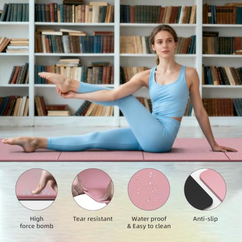 Foldable TPE Yoga Mat Thick 10mm,75" x40"Extra Large Exercise Mats | Stretch Mat Non-slip Fitness Folding Mat Easy to Carry,Wide Gym Mats for Women Men Suitable for Home Workout Travel Pilates - color: Pink