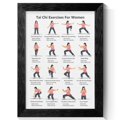 Framed Tai Chi Workout Chart Poster, Gentle Tai Chi Exercises for Women and Beginners Canvas Wall Art, Adult Home Fitness Guide Wall Decor, Daily Slow Flow Exercise for Gym Decor 24x36in - color: Workouts 02, size: 36"L x 24"W, style: Framed
