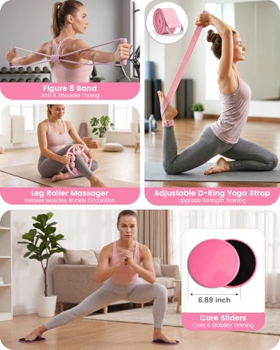 Pilates Kit, 24 in 1Home Pilates Workout Kit for Women, Pilates Equipment with 13" Pilates Ring and Ball, Starter Home Workouts - color: Pink