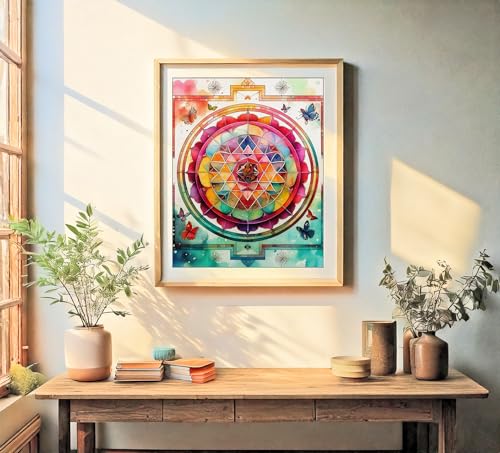 Watercolor Sri Yantra Sacred Geometry Symbol Illustration Art Print for Meditation Room Decor, Yoga Studio Spiritual Office Altar Focal Energy Home Bedroom Dorm Room Wall Art,Healing Nook, Crystal Grid Display, Young Mystic Reiki Master Spiritual Guide En