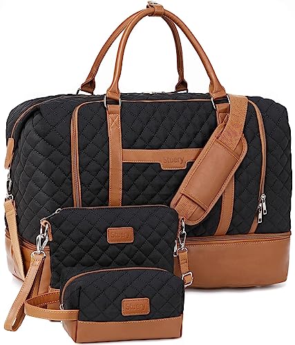Weekender Bag, Large Travel Duffel Bag for Women, Carry on Overnight Bag with Shoe Compartment and Toiletry Bags - color: Black-Brown
