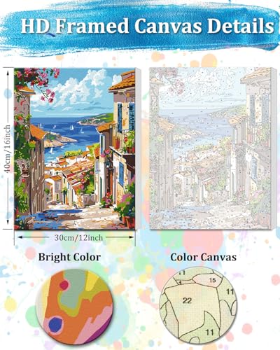 TOCARE Framed Paint by Numbers Kit for Adults, 12x16Inch Mediterranean Paint by Numbers with Frame, Greece Adult Paint by Number Framed Canvas Nature Scenery(Without Easel) - color: TC-F-208