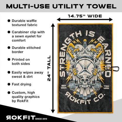 RokFit Gym & Golf Towel – Multi-Use, Quick-Dry, Durable Utility Towel with Bold Graphic and Carabiner Clip (Strength is Earned) - color: Strength is Earned