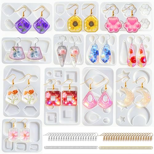 92 Pcs 12 Pack Resin Jewelry Making Kit, Silicone Earring Molds with Gold & Silver Hooks & Jump Rings, Flexible Non-Stick Molds for Epoxy Resin Casting, DIY Craft