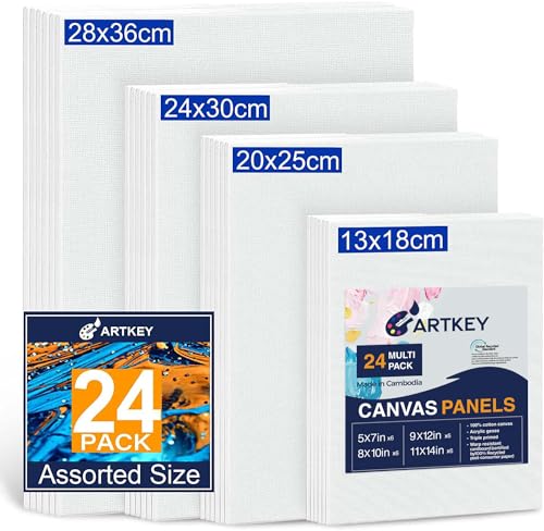 Canvas Panels 24-Pack 5x7, 8x10, 9x12, 11x14 Inch, 10 oz Primed 100% Cotton Canvases for Painting, White Blank Flat Canvas Boards for Oil Acrylics Watercolor Tempera Paint - size: 5"x7", 8"x10", 9"x12", 11"x14", style: 24-Pack