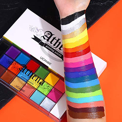 UCANBE Athena Face Body Paint Oil Makeup Set, 20 Colors FX Halloween Party Painting with Stainless Steel Mixing Palette and Spatula Tool,10 pcs Artist Paintbrushes,Tattoo Stencil Arts Crafts kit - color: All in one kit
