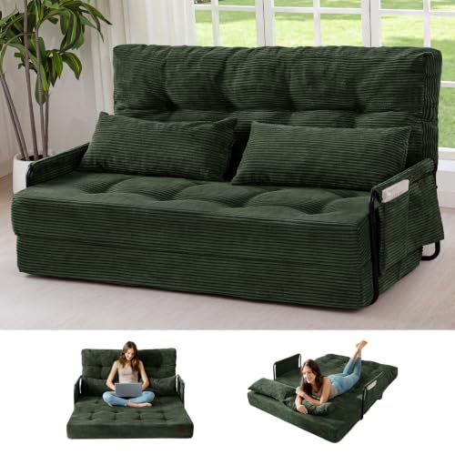 MAXYOYO Adjustable Folding Sofa Bed Couch with 2 Pillows, Dark Green | Multi-Functional Bean Bag Bed, 5-Position Foldable Lazy Floor Sofa Bed with Armrest, Versatile Floor Seating for Reading - color: Dark Green