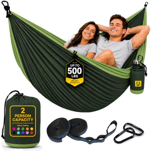 Durable Hammock 500 lb Capacity, Nylon Camping Hammock Chair - Double or Single Sizes w/Tree Straps and Attached Carry Bag - for Travel/Backpacking/Beach/Backyard (Large, Forest Green & Lima Green) - color: Forest Green & Lima Green, size: Large