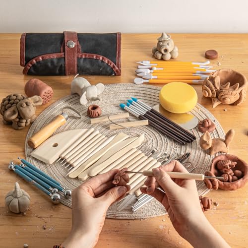 UUSYCUN 48PCS Pottery Tools for Sculpting, Clay Tool Kit for Carving, Modeling Ceramics, Pottery Kiln, Polymer Clay Tools for Trimming, Beginners, Pros, Adults, Supplies - color: Wood-48PCS