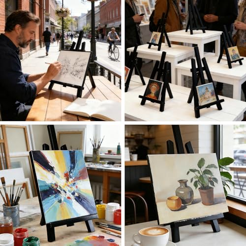 Artkey Black Wooden Display Easel Stand, 13 Inch Folding Tabletop A-Frame Mini Easels for Canvas, Photos, Wedding Signs & Menus, Solid Radiata Pine Wood, 2 Pack - color: Black