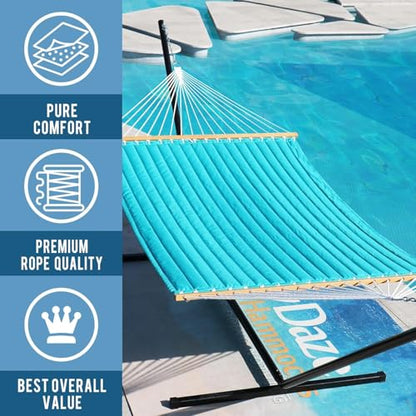 Lazy Daze 12 FT Double Quilted Hammock with Spreader Bar for Outside, Aqua | 2 Person Heavy Duty Hammock with Detachable Pillow and Carabiners for Outdoor Backyard Poolside, 450lbs Weight Capacity - color: Aqua