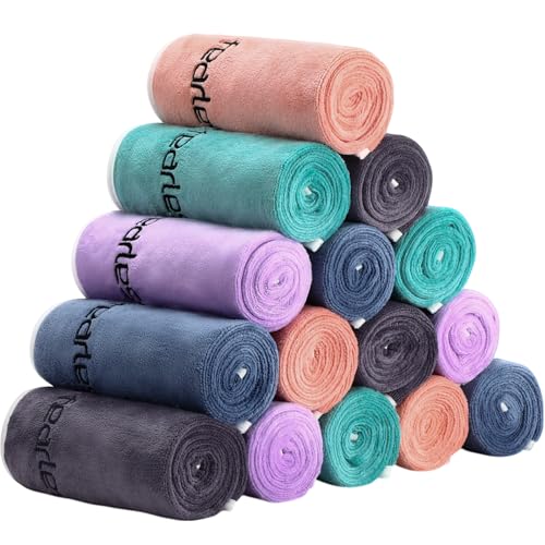 Peryiter 15 Pcs Microfiber Gym Towels Set for Men and Women, Quick Dry, Soft Be Fearless Sweat Workout Towels for Yoga, Sports, Exercise, Fitness, Bath, Cycling, Swimming, Camping, 30" x 14", 5 Colors