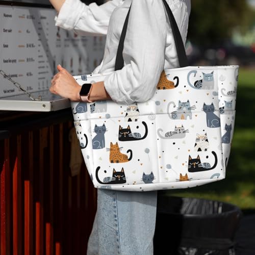 Large Beach Bag for Women Waterproof Foldable Travel Shoulder Tote Bag with Pocket for Weekender Pool Vacation - color: Cat White