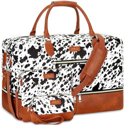 ITIEZY Weekender Bag for Women 21.5" Travel Duffel Large Carry On Bag 3PCS | Nylon Duffel Bag with Waterproof Shoe Compartment, Crossbody Bag and Toiletry Bag, Travel Weekend Hospital Overnight Gym Bag - color: 5-Black Cow