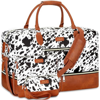 ITIEZY Weekender Bag for Women 21.5" Travel Duffel Large Carry On Bag 3PCS | Nylon Duffel Bag with Waterproof Shoe Compartment, Crossbody Bag and Toiletry Bag, Travel Weekend Hospital Overnight Gym Bag - color: 5-Black Cow