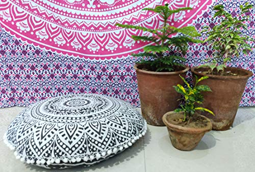 INDIAN CRAFT CASTLE 24" Grey Ombre Mandala Barmeri Large Floor Pillow Cover Cushion Meditation Seating Ottoman Throw Cover Hippie Decorative Zipped Bohemian Pouf Ottoman Pom Pom Cases 24" Round - color: Grey, style: 24 Inch Round