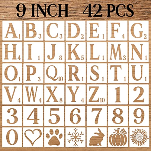 9 Inch Letter Stencils Numbers Craft Stencils, 42 Pcs Reusable Plastic Alphabet Drawing Templates for Painting on Wood, Wall, Fabric, Rock, Signage, Door Porch, DIY Art Projects - size: 9 Inch