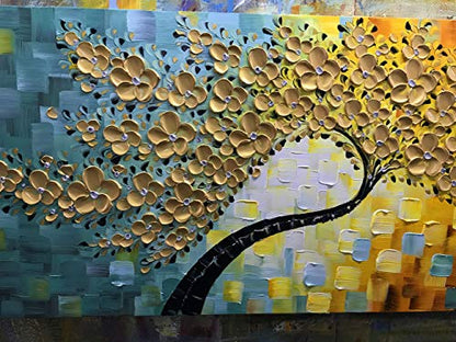 YaSheng Art -Large Wall Art ,100% Hand Painted Gold Flowers Contemporary Art Oil Painting,3D Wall Art Texture Floral Tree Paintings, Wall Art for living room Bedroom Office Wall Deco Home, Abstract Canvas Art Paintings Framed Wall Art Pictures 60 by24 inc