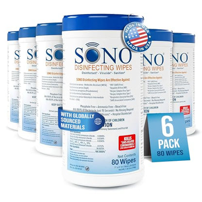 SONO Disinfecting Wipes - Alcohol-Free, No Bleach, Medical-Grade I Multi-Surface Cleaning for Home, School, Office I Gentle on Electronic Devices I Everyday Use I 480 CT (Canister of 6) - size: 6 Pack