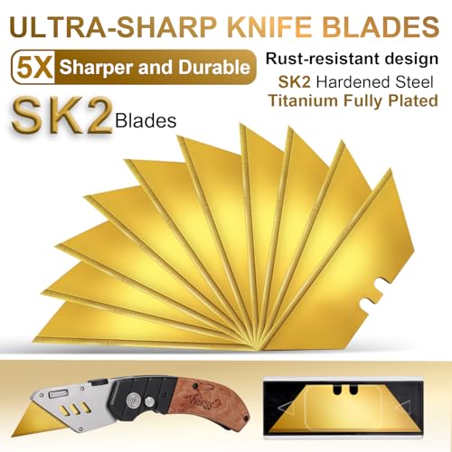 Vickay 60 Pack Box Cutter Blades, SK2 Utility Knife Blades, Razor Blades | Gold Standard Replacement Blades Titanium Coated for Box Cutter Refills, for Cardboard, Leather, Drywall, Carpet, Rope, etc - color: Gold, size: 60 Pack