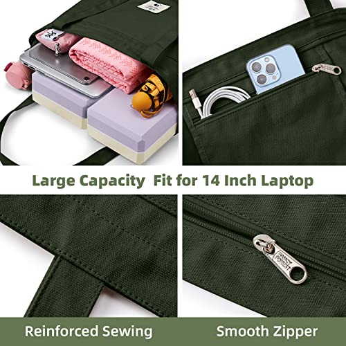 WLLWOO Yoga Mat Carrier Bag for Women Canvas Carryall Tote Gym Pilates | Large Holder Zipper Shoulder for Beach Travel Workout Fitness Office - color: Military green1