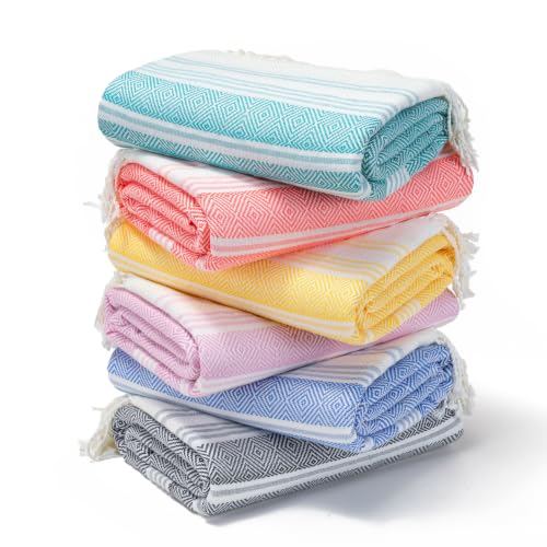 Genovega 6 Packs Oversized Turkish Beach Towels Set Bulk Clearance Sand Free Pool Swim Bathroom Camp Large No Sand Towel Adults Travel Essentials Cruise Must Haves Accessories Vacation Stuff - color: Blue Green Yellow Pink Orange Grey