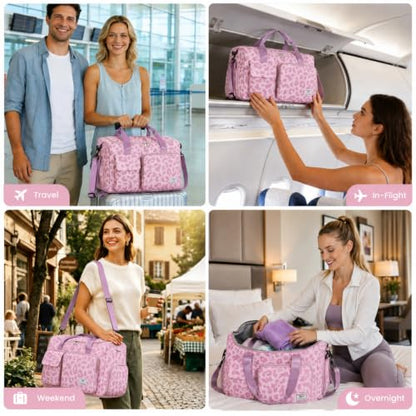 FIORETTO Women's Gym Duffle Bag with Shoes Compartment, 30L Capacity, Ideal for Travel, Gym, Sports, Duffel, Weekender - color: Leopard Pink, style: Gym Bag
