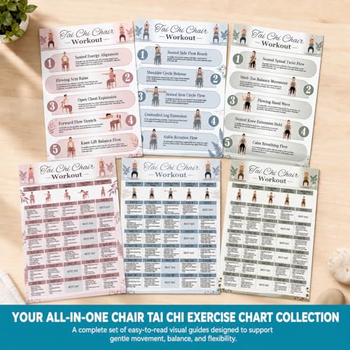 Tai Chi Chair Workout Chart Poster Set, 6-Piece Canvas Prints, Seated Chair Tai Chi Exercises for Seniors & Beginners, 30-Day Workout Charts, Easy-to-Read Wall Art | Unframed (8" L x 10" W) - size: 8"L x 10"W