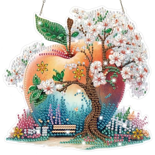 Bowetile Cherry Blossoms Diamond Art Hanging Kits for Adults, Diamond Art Suncatchers Apple, 5D Special Shape Diamond Painting Pendant Window Ornament Gifts for Home Wall Door Garden Decor - color: Apple, Cherry Blossoms