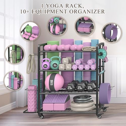 4-Tier Weight Rack for Home Gym with Wheels and Hooks | Adjustable Gym Storage Rack for Dumbbells Kettlebells Yoga Mat, All-in-One, Space Saving, Heavy Duty Steel, Easy to Assemble - size: Large Black