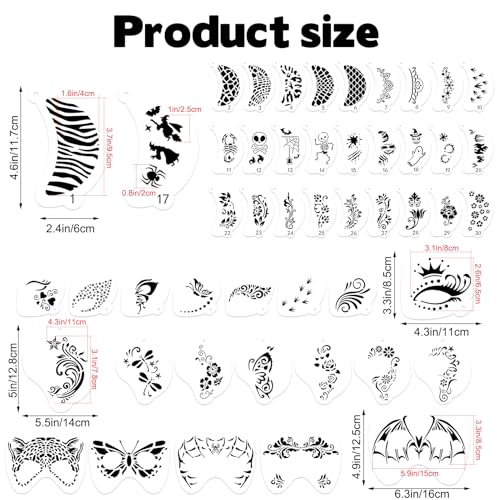 50 Pcs Face Paint Stencils Set – Reusable Body & Face Painting Templates for Kids & Adults – Makeup Stencils for Halloween, Parties, Carnival, Temporary Tattoo Art