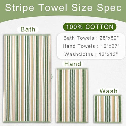 VOOVA & MOVAS Striped Towels 6 Pack, 100% Cotton, Sage Green - color: Sage + Green + Beige Striped, size: 6 PCS Bathroom Towels