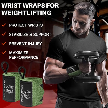 TECEUM Elastic Cotton Weightlifting Wrist Wraps with Thumb Loops, 1 Pair - color: Military Green, style: 12" – Arms on Fire
