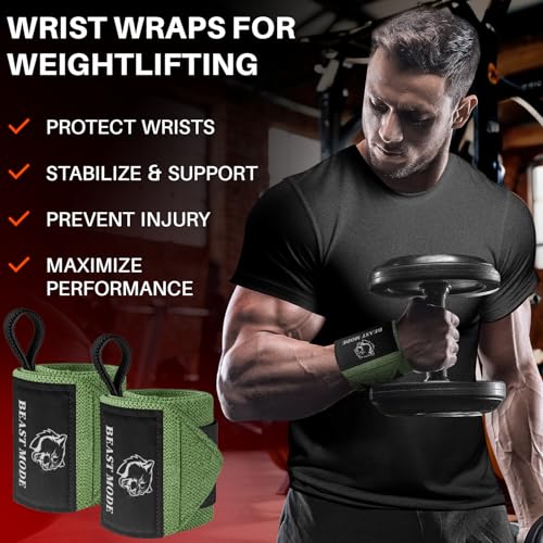 TECEUM Elastic Cotton Weightlifting Wrist Wraps with Thumb Loops, 1 Pair - color: Military Green, style: 12" – Arms on Fire