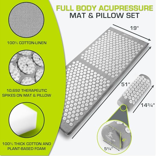 ProsourceFit Acupressure Mat and Pillow Set for Back/Neck Pain Relief and Muscle Relaxation, XL - Grey/White - color: Grey/White, size: XL